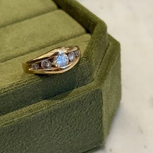 GOLD & DIAMOND 5 Stone Channel Set Gypsy Band Boat Ring, 14K Circa 1980s–90s